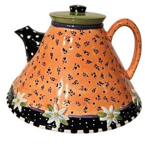 Mary Engelbreit Michel & Co 1997 Vintage Orange Floral Polka Dot Ceramic Teapot